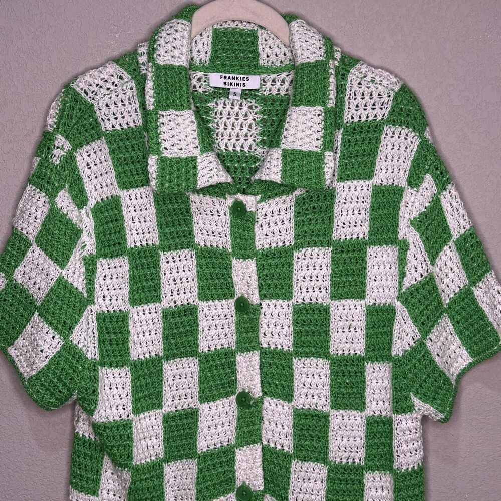 Frankies Bikinis Cover Up Womens Small Green Check Crochet Short Sleeve Cardigan - Picture 3 of 7